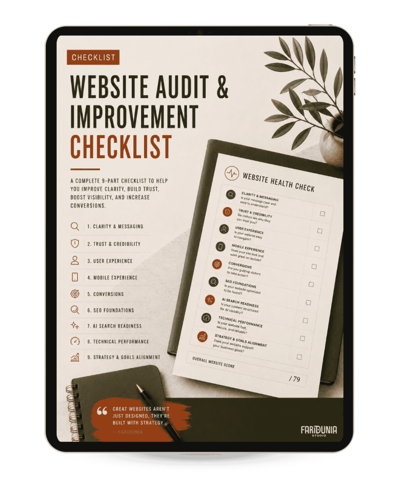Tablet displaying a marketing poster titled 'Website Audit & Improvement Checklist'.