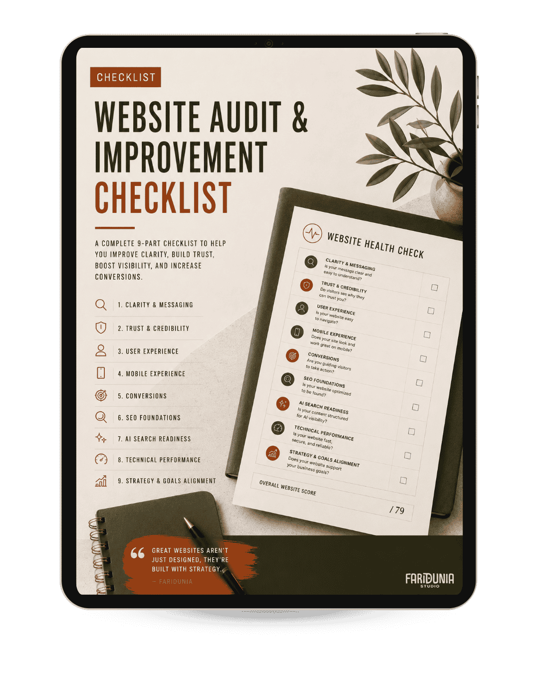 Tablet displaying a marketing poster titled 'Website Audit & Improvement Checklist'.